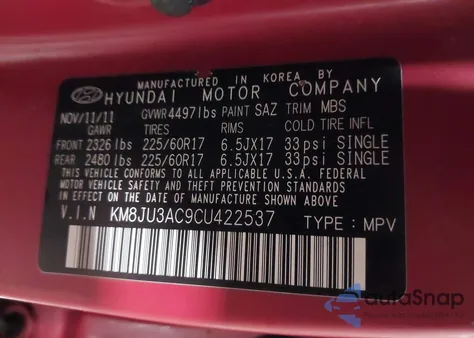 2012 Hyundai Tucson Gls from USA, damaged, VIN KM8JU3AC9CU422537